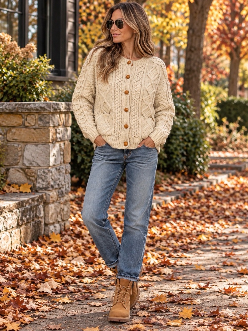 Vintage Wool Chunky Cable Knit Cardigan in Cream Size S/M